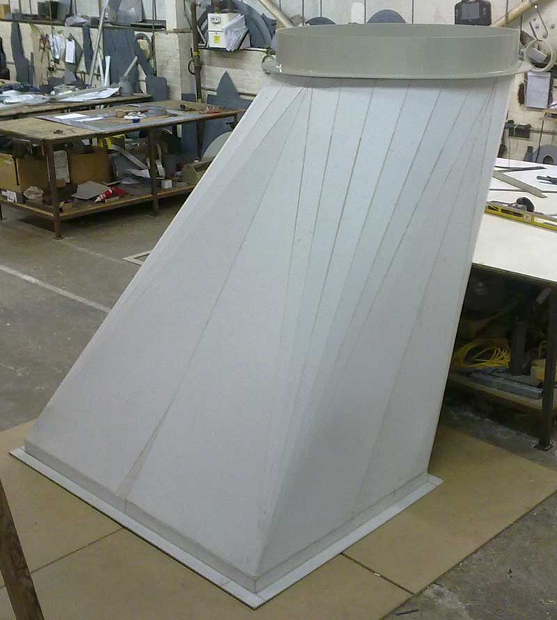 Glass backed Polypropylene (celmar) offset square to round before GRP lamination