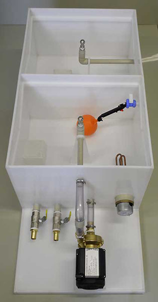Polypropylene combined sterilization and prewash/rinse with drains at pump end
